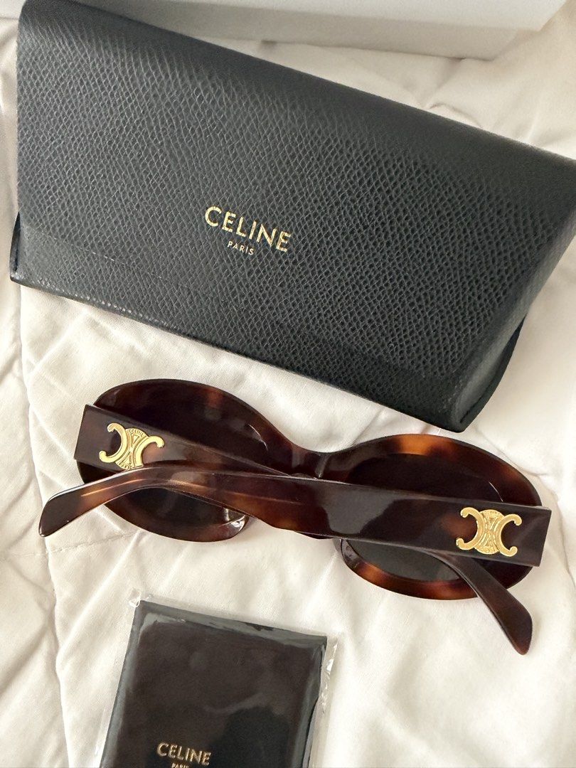 Celine Triomphe Oval Sunglasses (Category: Luxury Accessories) located in Cabanatuan. Submitted by frugalchic.md (Listing ID 1461372017, Image 2). Description: Bought in Japan Celine Triomphe Oval Sunglasses in a classic tortoise acetate finish, accented with the signature gold Triomphe logo on the temples..