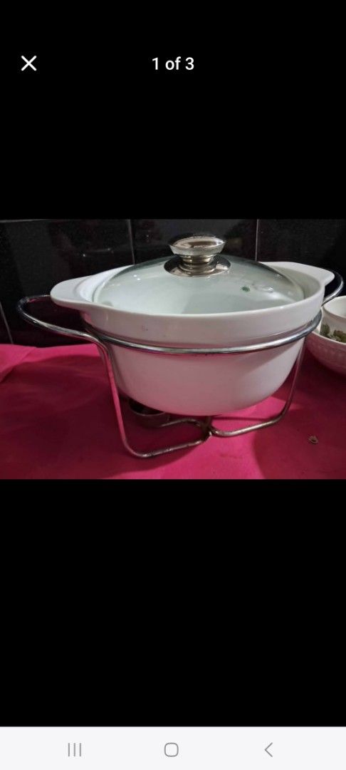 Ceramic White Dish Warmer (Category: Other Kitchenware & Tableware) located in Cainta. Submitted by ceejay.lim (Listing ID 1461477361, Image 1). Description: - ceramic white dish warmer and glass lid - Sturdy metal stand with fuel burner - Keeps food warm for parties and gatherings - Easy to use and clean .