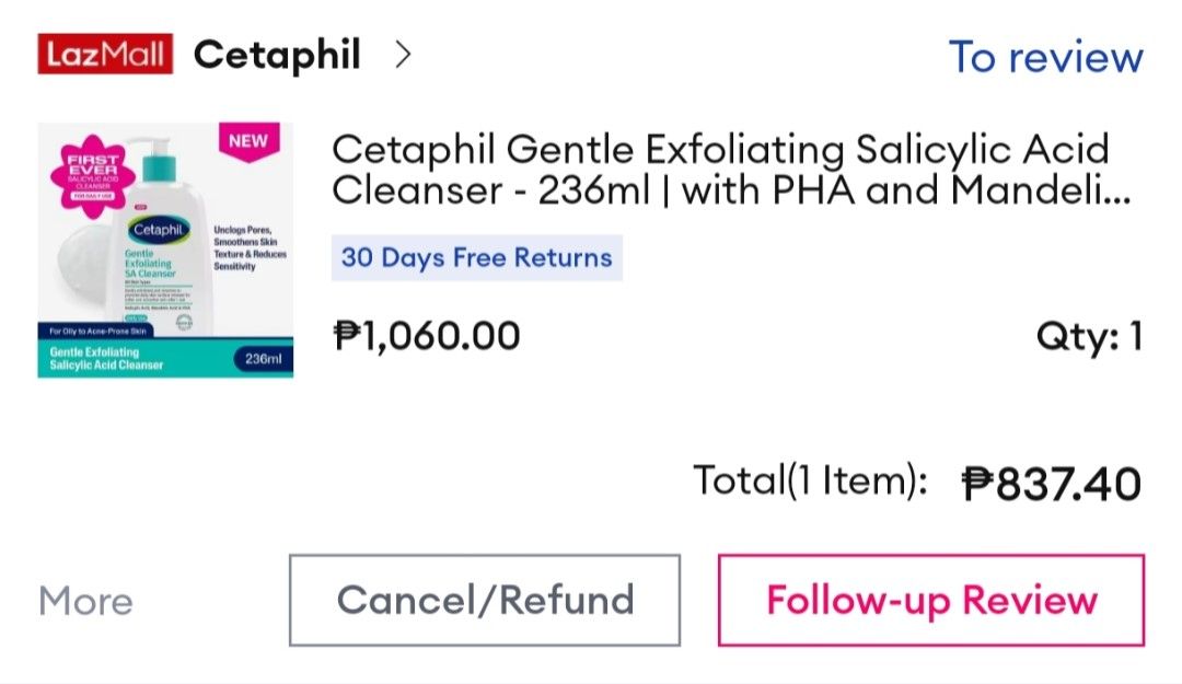 Cetaphil Gentle Exfoliating SA Cleanser 236ml (Category: Face Care) located in Quezon City. Submitted by leicasprt (Listing ID 1461446620, Image 2). Description: 🧴 For Sale: Cetaphil Gentle Exfoliating SA Cleanser ✨ Used only twice — 2 pumps total! ✅ 100% original 🛒 Purchased from Cetaphil LazMall Official Store Reason for selling: I’m currently taking isotretinoin, so I’m switching to a milder/gentler cleanser as advised. Almost new and barely