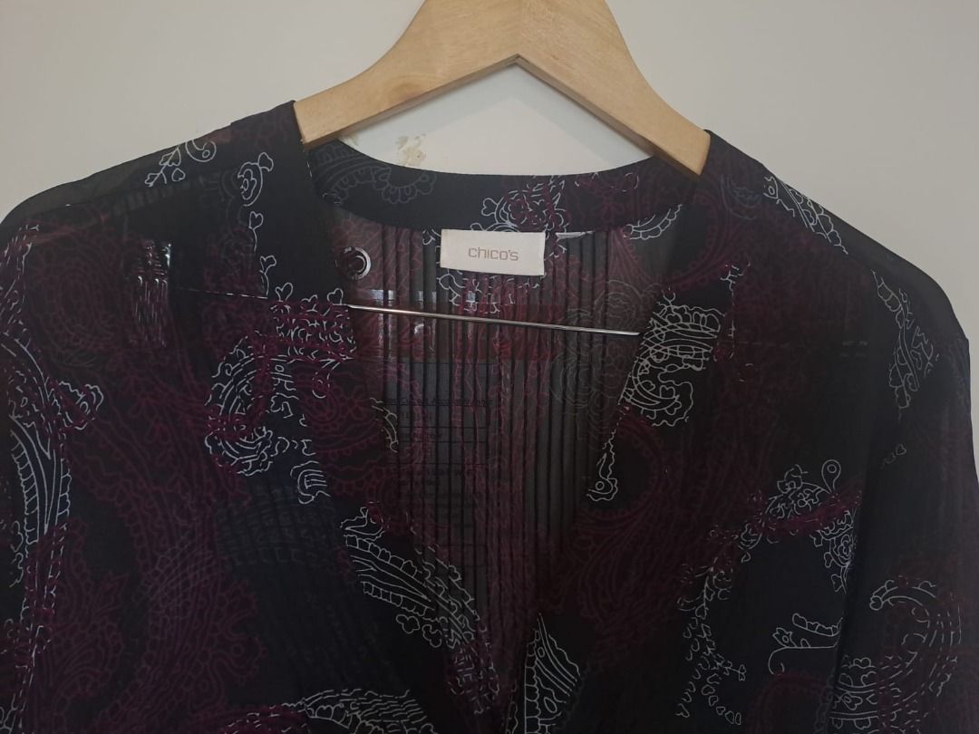 CHICOS COVER UP (Category: Others Tops) located in Mandaluyong City. Submitted by epicowl-c93c (Listing ID 1461430392, Image 2). Description: Chicos paisley print sheer blouse. It features a dark, lightweight georgette or chiffon fabrication detailed with an all-over classic bohemian paisley pattern in shades of deep burgundy, black, and muted grey or beige.