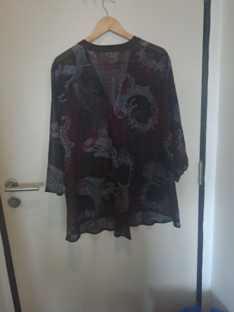 CHICOS COVER UP (Category: Others Tops) located in Mandaluyong City. Submitted by epicowl-c93c (Listing ID 1461430392, Image 3). Description: Chicos paisley print sheer blouse. It features a dark, lightweight georgette or chiffon fabrication detailed with an all-over classic bohemian paisley pattern in shades of deep burgundy, black, and muted grey or beige.