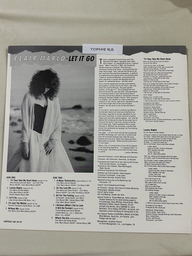 Clair Marlo Let It Go LP TLP-29 Sheffield Labs (Category: Vinyls) located in Las Pinas. Submitted by tophiers (Listing ID 1461480706, Image 3). Description: For Sale: CLAIR MARLO - LET IT GO vinyl LP Sheffield Labs TLP-29 - Complete Inserts - Covers/Media: VG+ - Vinyl : NM+ (In Immaculate Condition, Pristine, Like New Condition, No Visible Marks, Vinyl is True and Straight, Plays Flawlessly) ACTUAL PHOTOS POSTED Sorry No Trades Price: PHP24,000 (
