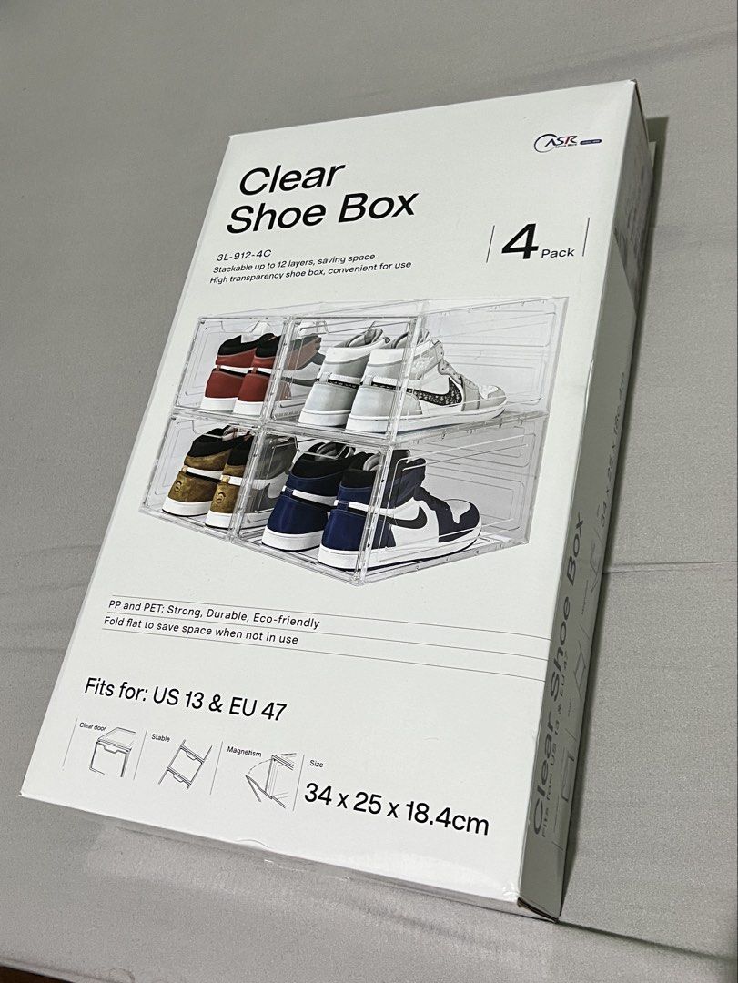 Clear shoe bix (Category: Storage Boxes & Baskets) located in Manila. Submitted by kestlertav56676 (Listing ID 1461358727, Image 1). Description: Clear shoe box 4pcs Fits US 13.