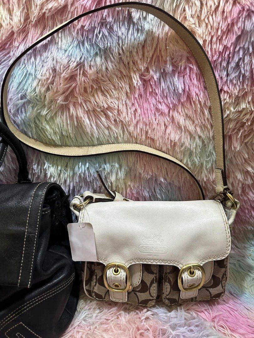 Coach Bleeker Jessie Canvas Bag (Category: Cross-body Bags) located in Bacacay. Submitted by curatedsbyjj (Listing ID 1461497021, Image 2). Description: Coach Bleeker Jessie Canvas Crossbody Bag. Brown/beige monogram canvas with white leather trim and gold hardware. > Notes & Reminders: Please manage expectations, as this is a pre-loved item and may have minor flaws that were not noticed by the seller unless otherwise stated. Actual colors may ap