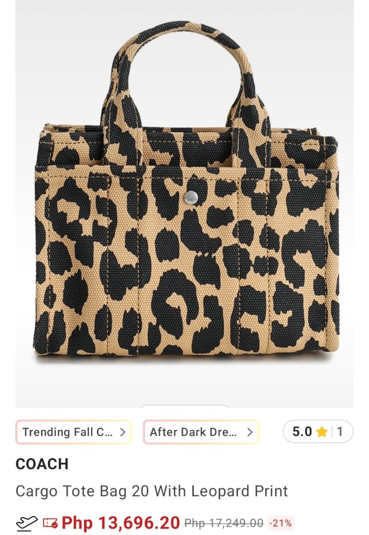 Coach Cargo Tote Bag 20 With Leopard Print (Category: Tote Bags) located in Manila. Submitted by katkween23 (Listing ID 1461345229, Image 3). Description: - Coach Cargo Tote Bag - Eye-catching all-over leopard print - Embroidered Coach New York logo on the front - Comfortable top handles - Includes a detachable crossbody strap for versatile wear - Ideal for everyday use with generous interior space.