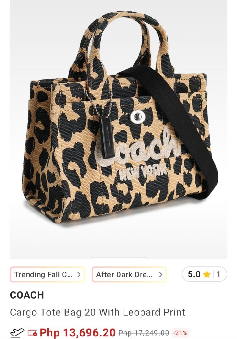 Coach Cargo Tote Bag 20 With Leopard Print (Category: Tote Bags) located in Manila. Submitted by katkween23 (Listing ID 1461345229, Image 1). Description: - Coach Cargo Tote Bag - Eye-catching all-over leopard print - Embroidered Coach New York logo on the front - Comfortable top handles - Includes a detachable crossbody strap for versatile wear - Ideal for everyday use with generous interior space.