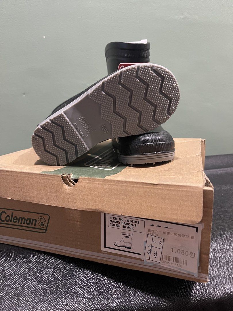 Coleman Kids Rain Boots Black Size 190 (Category: Babies & Kids Fashion) located in Manila. Submitted by dual_time (Listing ID 1461496802, Image 2). Description: Coleman kids rain boots Color: Black Size: 190 Korean size Includes original box Ideal for rainy days and outdoor play Easy to clean and durable Issue: missing rivet lock for tag located behind the shoes. Doesn't affect function, can be replaceable or removed totally Php350 Negotiable Lo