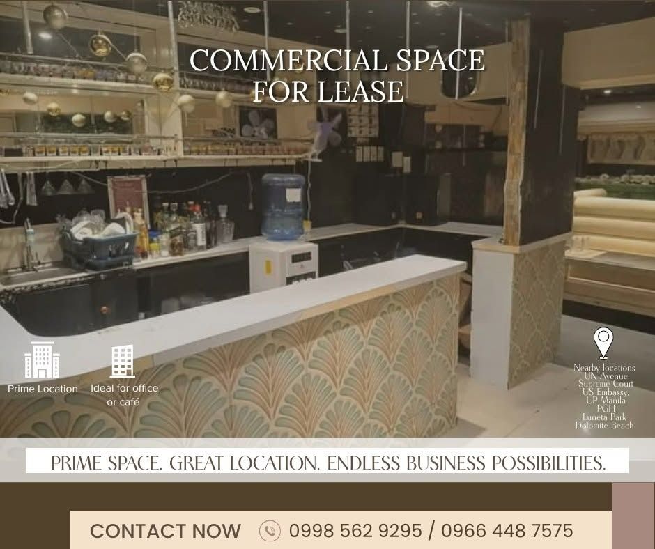 COMMERCIAL SPACE FOR RENT (Category: Apartments & Condos) located in Caloocan City. Submitted by timetravellershotel-45516 (Listing ID 1461415405, Image 2). Description: 🏢 COMMERCIAL SPACE FOR LEASE 📍 Ermita, Manila 📐 160 sqm ✔ Prime location ✔ Ideal for office or café ✔ Nearby locations 👍 UN Avenue 👍 Supreme Court 👍 US Embassy, 👍 UP Manila 👍 PGH 👍Luneta Park 👍Dolomite Beach Items in photo may or may not be included in the lease CONTACT