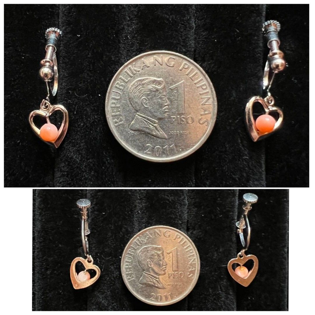Coral Clip Earrings Collection (Category: Earrings) located in Quezon City. Submitted by michifinds (Listing ID 1461326880, Image 3). Description: Pre-loved earrings of coral like material, clip-on/screwback closures. 1. Coral teardrop dangle earrings (clip-on) — ₱350 2. Open-heart coral dangle screwback earrings — ₱280 3. Carved coral & frosted drop clip earrings — ₱350 Condition: Pre-loved, good vintage condition Size: See coin photo for scale 