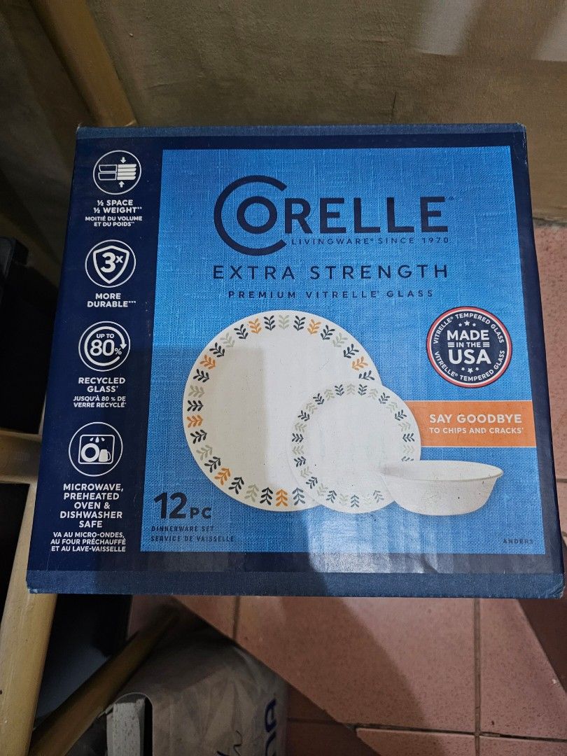 Corelle 12-Piece Dinnerware Set - Extra Strength Vitrelle Glass (Category: Dinnerware & Cutlery) located in Manila. Submitted by sinnig (Listing ID 1461477609, Image 3). Description: - Corelle 12-piece dinnerware set - Made with extra strength Vitrelle glass for durability - Microwave, preheated oven, and dishwasher safe - Space-saving and lightweight design - Made in the USA - Say goodbye to chips and cracks.