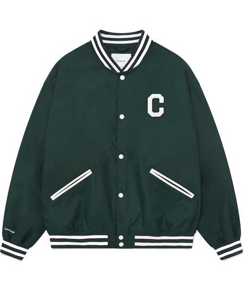 COVERNAT Green Varsity Jacket with 'C' Logo (Category: Coats, Jackets and Outerwear) located in Manila. Submitted by jeonsbit (Listing ID 1461480611, Image 1). Description: - COVERNAT Classic green varsity jacket - White striped collar, cuffs, and hem - White 'C' logo on the chest, covernat on sleeves - Snap button closure - Two front pockets - Bought in Korea -Used Twice.