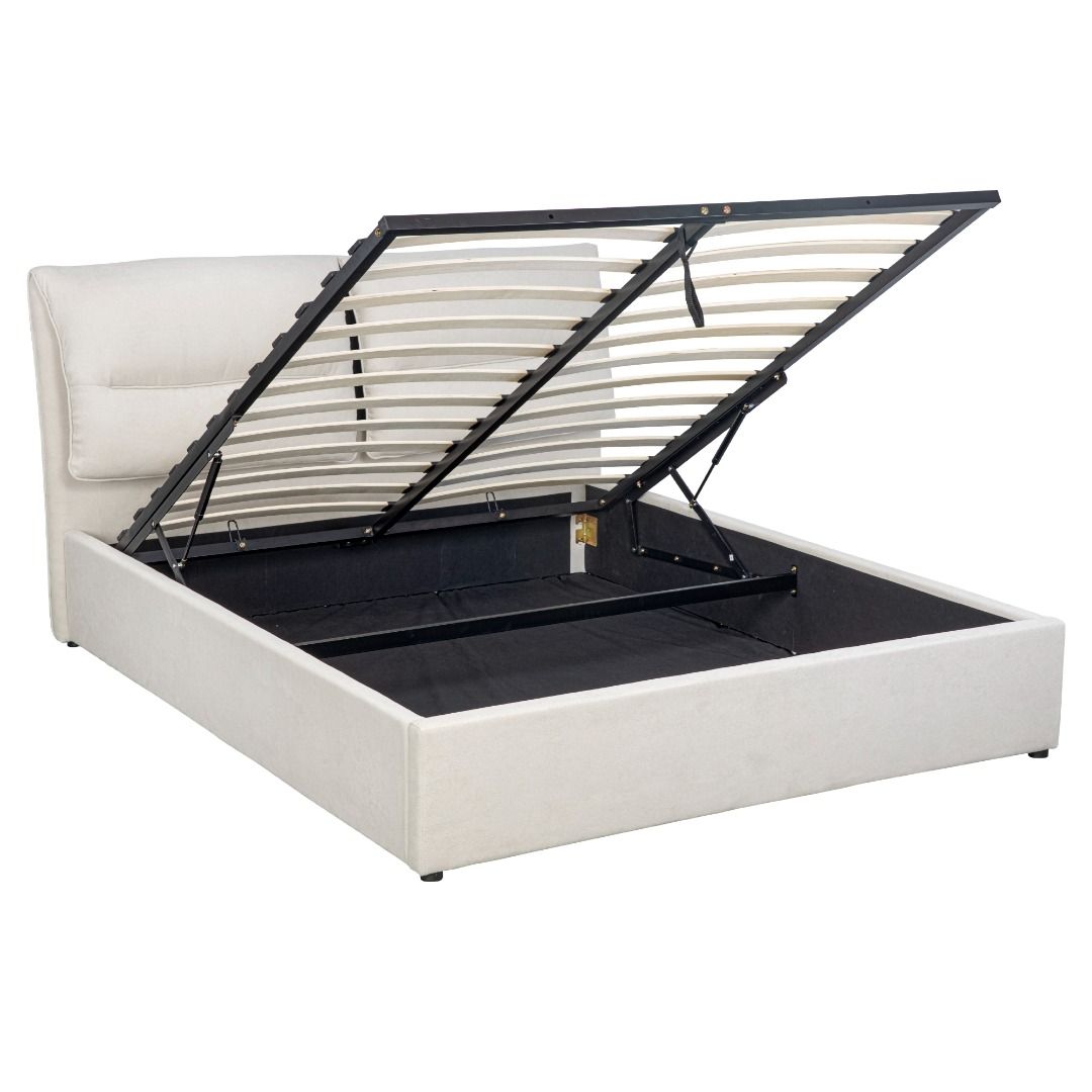 Cream Upholstered Bed Frame with Storage (Category: Bed Frames & Mattresses) located in Caloocan City. Submitted by allhomeagroputatan_f87429 (Listing ID 1461356997, Image 1). Description: - Cream upholstered bed frame - Built-in storage compartment accessible by lifting the mattress base - Ideal for storing extra bedding, linens, or other items - Sturdy and durable construction - A stylish and practical addition to any bedroom.