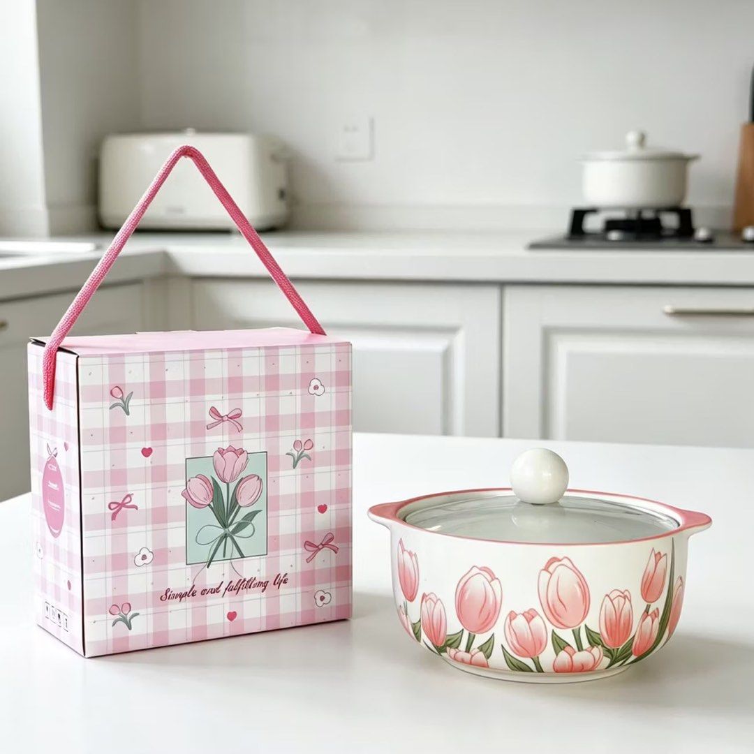 Cute Ceramic Casserole Dish with Lid and Gift Box (Category: Dinnerware & Cutlery) located in Manila. Submitted by imnoturgirl (Listing ID 1461414514, Image 1). Description: - Adorable ceramic casserole dish with glass lid. - Comes with a matching gift box. - Available designs: tulip, heart, bow, cherry, lemon. - Ideal for cooking, kitchen decor, or as a gift. - Dishwasher safe..
