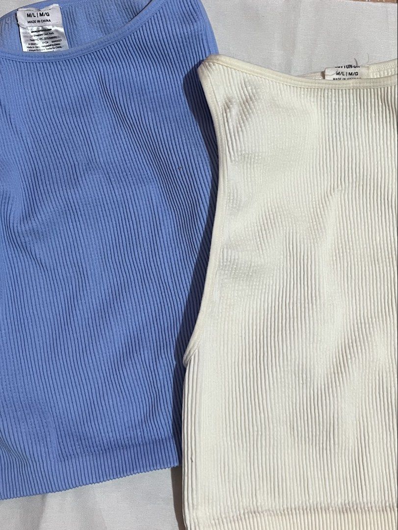 Cutton on Ribbed Crop Tops - Blue & White (Category: Others Tops) located in Valenzuela. Submitted by skiesrc (Listing ID 1461369853, Image 1). Description: - Set of 2 ribbed crop tops - Colors: Light blue and off-white - Size: Medium to Large (M/L) - Design: Sleeveless with a high neckline - Material: Stretchy and comfortable - Versatile: Great for layering or wearing on its own.