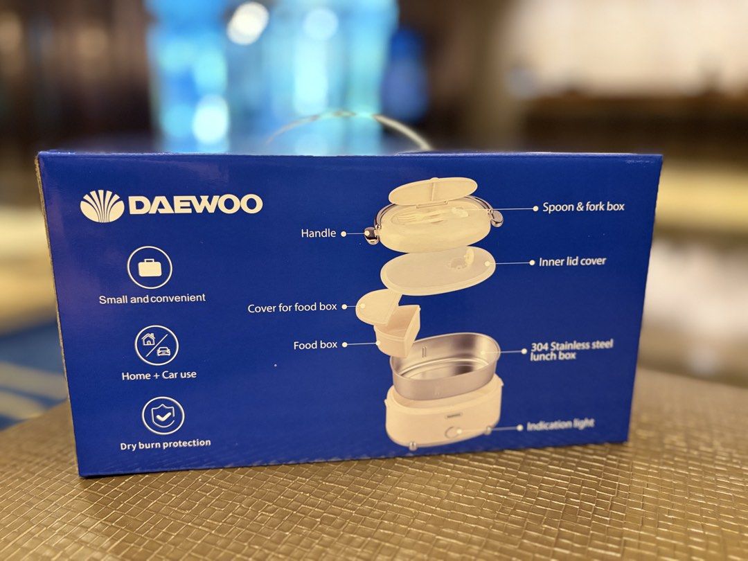 DAEWOO 1.2L Portable Electric Lunch Box (Category: Food Organization & Storage) located in Bulacan. Submitted by chariesannerivera (Listing ID 1461346537, Image 2). Description: - DAEWOO 1.2L Portable Electric Lunch Box - Compact and convenient for home or car use - Durable 304 stainless steel inner lunch box - Includes spoon and fork box - Safety features: Dry burn protection and indicator light - Easy to carry with built-in handle.
