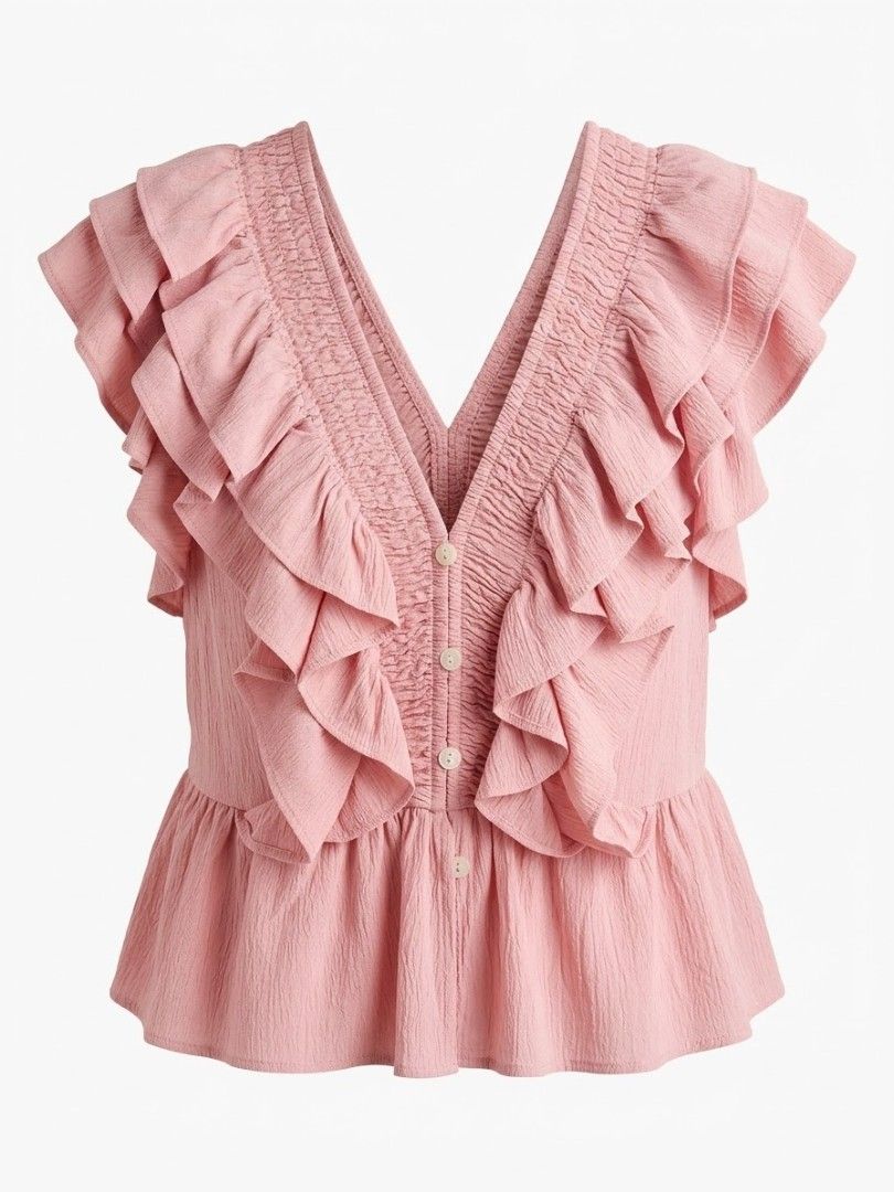 Deep V neckline top (Category: Blouses) located in Agdangan. Submitted by wearitnext.shop (Listing ID 1461454859, Image 1). Description: Dusty-pink sleeveless top with bold ruffle accents and peplum style flared hem. Size: Small to Medium.