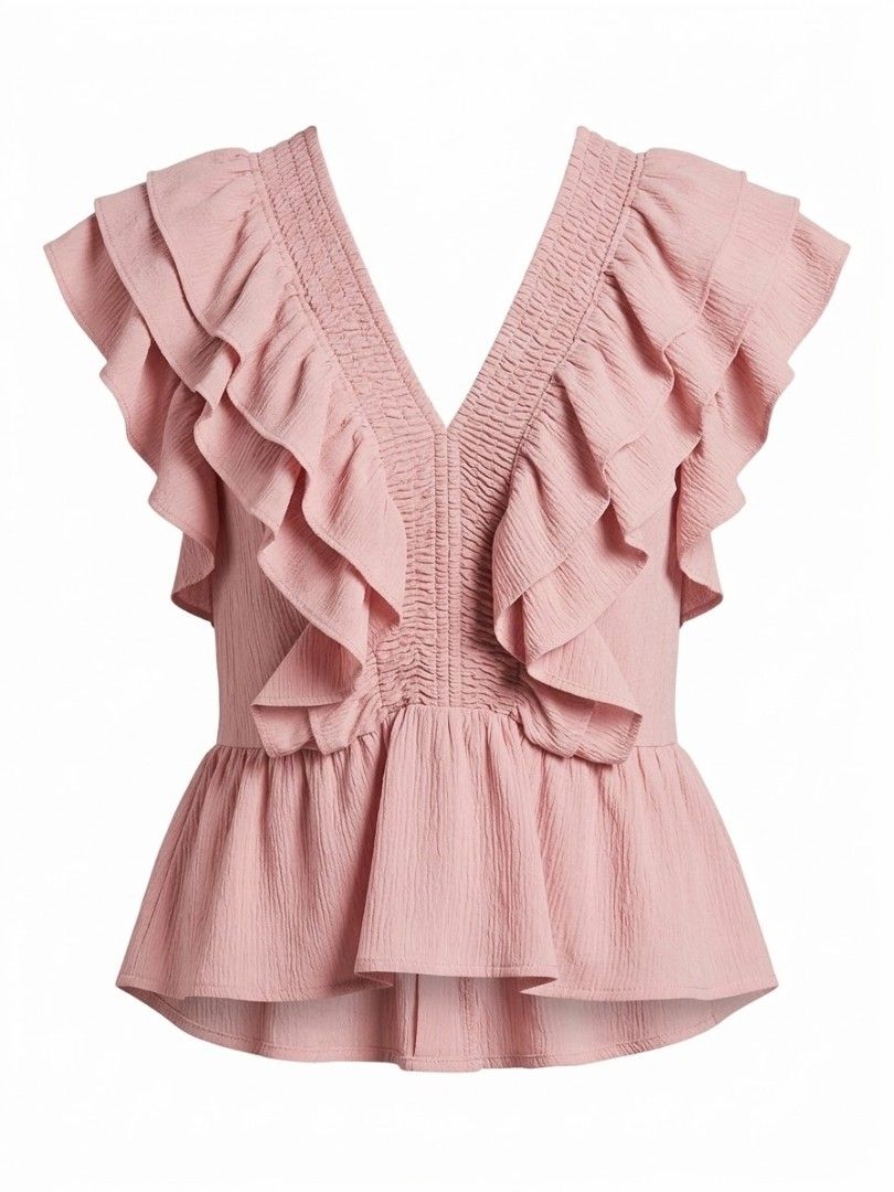 Deep V neckline top (Category: Blouses) located in Agdangan. Submitted by wearitnext.shop (Listing ID 1461454859, Image 2). Description: Dusty-pink sleeveless top with bold ruffle accents and peplum style flared hem. Size: Small to Medium.