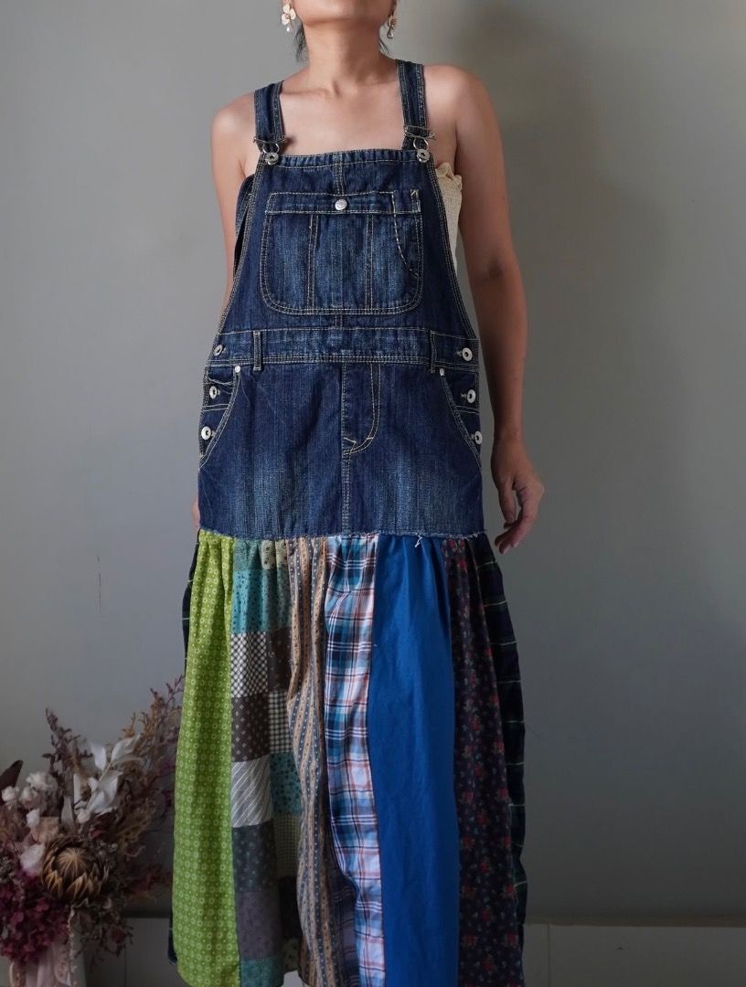 Denim Jumper Dress with Multi-Pattern Patchwork Details (Category: Dresses) located in Muntinlupa City. Submitted by denisetl (Listing ID 1461386623, Image 1). Description: Unique denim overalls dress. Features a classic denim top. The skirt is a fun patchwork of various fabrics and patterns, creating a bohemian vibe. Adjustable straps for a good fit. Great for a casual, stylish look. Bust: free size Waist: 37" Length: 46" RFS: wrong size (I have