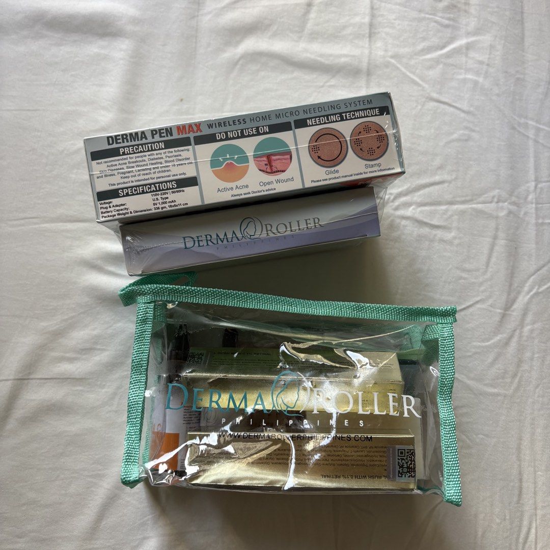 Derma Roller Philippines Pen Max Wireless Home Micro Needling System Package (Category: Face Care) located in Pasig City. Submitted by notshynotmeee (Listing ID 1461561700, Image 3). Description: - Derma Pen Max Wireless Home Micro Needling System - Package includes: Pen, 24-pin titanium needle cartridges, various serums, and patches - Benefits: Skin rejuvenation, scar treatment, hair growth - Condition: All items are sealed and ready for use - A