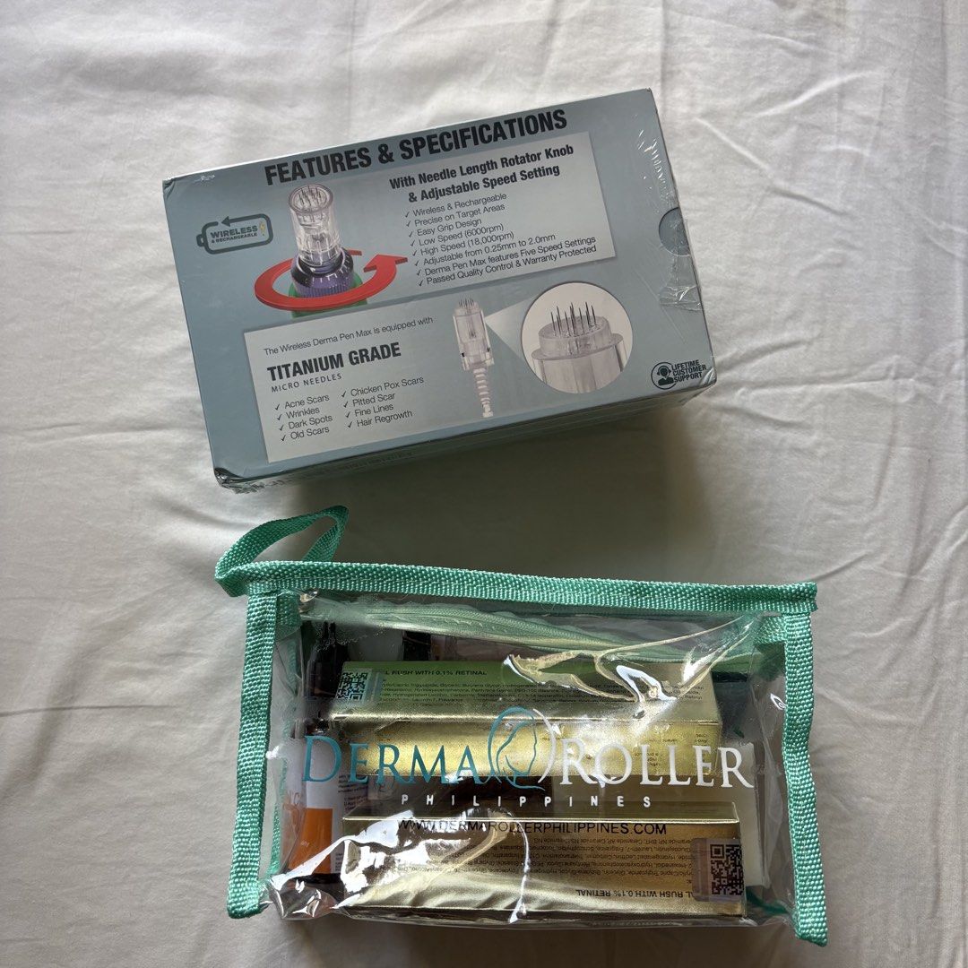 Derma Roller Philippines Pen Max Wireless Home Micro Needling System Package (Category: Face Care) located in Pasig City. Submitted by notshynotmeee (Listing ID 1461561700, Image 1). Description: - Derma Pen Max Wireless Home Micro Needling System - Package includes: Pen, 24-pin titanium needle cartridges, various serums, and patches - Benefits: Skin rejuvenation, scar treatment, hair growth - Condition: All items are sealed and ready for use - A