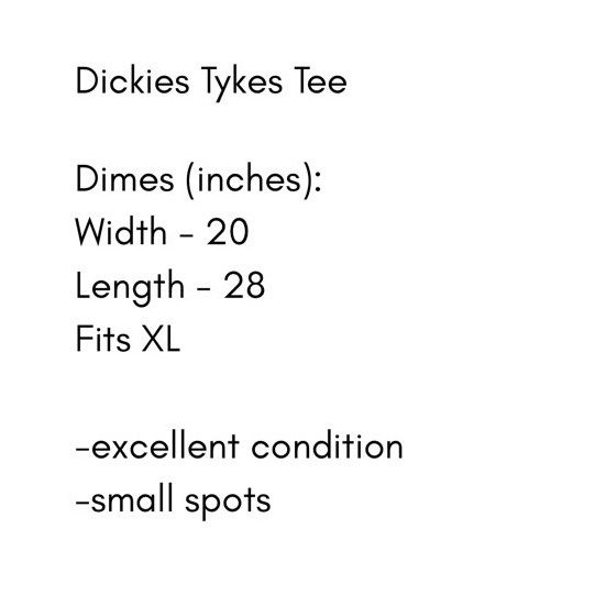 Dickies Tykes Graphic Tee XL Yellow (Category: Tshirts & Polo Shirts ) located in Tayabas. Submitted by marco.av (Listing ID 1461379522, Image 2). Description: - Dickies Tykes graphic tee - Color: Yellow (may appear slightly different due to lighting) - Size: Fits XL - Measurements: Width 20 inches, Length 28 inches - Condition: Has small spots - Mode of Payment: GCash / Bank Transfer (Payment First).