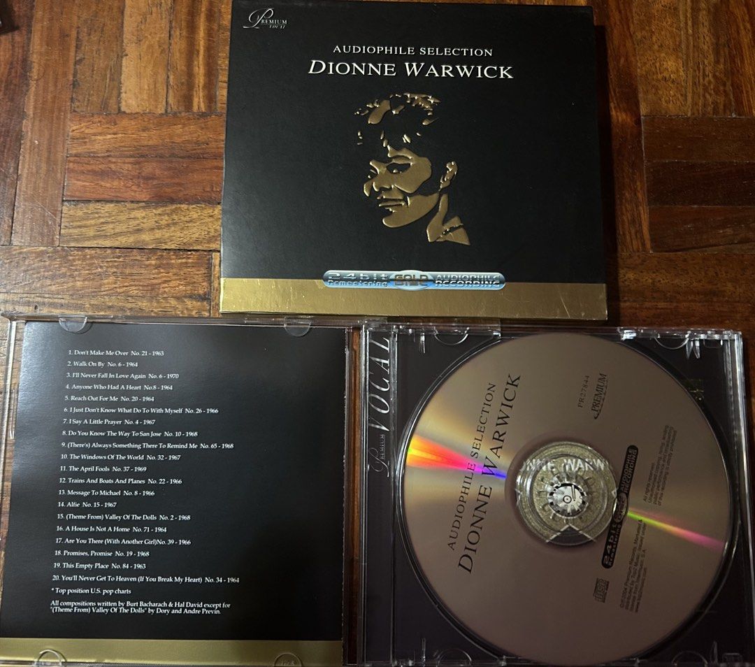 Dionne Warwick Gold Disc Audiophile Selection (Category: CDs & DVDs) located in Caloocan City. Submitted by dillydadi67 (Listing ID 1461477280, Image 2). Description: - Audiophile Selection CD featuring Dionne Warwick - 24Bit Gold Remastering Disc - Includes 20 tracks spanning 1962-1987 - Features iconic songs written by Burt Bacharach & Hal David - A must-have for collectors and music enthusiasts.