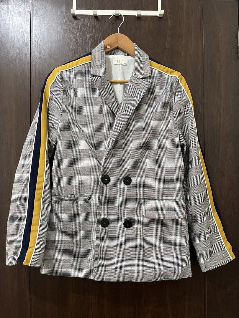 Double-breasted Plaid Blazer with Side Stripe Detail (Category: Coats, Jackets and Outerwear) located in Manila. Submitted by mentone (Listing ID 1461400999, Image 1). Description: - Grey plaid double-breasted blazer - Yellow and navy stripe detail on sleeves - Two-button front closure - Two front flap pockets - Sharp and stylish design - Ideal for dressing up outfits.
