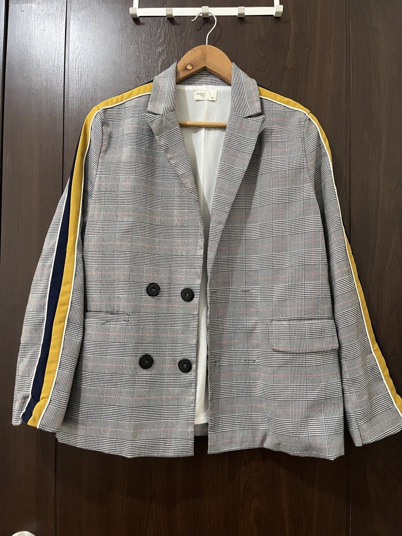 Double-breasted Plaid Blazer with Side Stripe Detail (Category: Coats, Jackets and Outerwear) located in Manila. Submitted by mentone (Listing ID 1461400999, Image 2). Description: - Grey plaid double-breasted blazer - Yellow and navy stripe detail on sleeves - Two-button front closure - Two front flap pockets - Sharp and stylish design - Ideal for dressing up outfits.