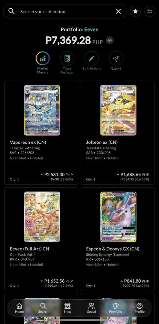 Eevee and Eeveelution bundle (Category: Raw Singles) located in Marikina City. Submitted by carlandre (Listing ID 1461548215, Image 2). Description: Selling as bundle only‼️ **Eevee, Eeveelution Cards and Terastal Festival (opened)** 1. Vaporeon SAR - CN 2. Jolteon SAR - CN 3. Eevee AR - KR 4. Deoxys and Espeon Tag Team - CN 5. Joleteon Ex - CN 6. Vaporeon Ex - CN 7. Umbreon Ex - CN 8. Espeon V - ENG 9. Terastal Festival - All cards Selling for P