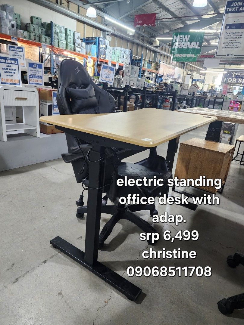 Electric Standing Office Desk with Adaptable Height (Category: Tables & Sets) located in Cainta. Submitted by christine07. (Listing ID 1461324447, Image 1). Description: - Electric standing office desk - Adaptable and adjustable to your preferred height - Perfect for home office setups - Original price: ₱6,499 - For inquiries, contact Christine at 09068511708.