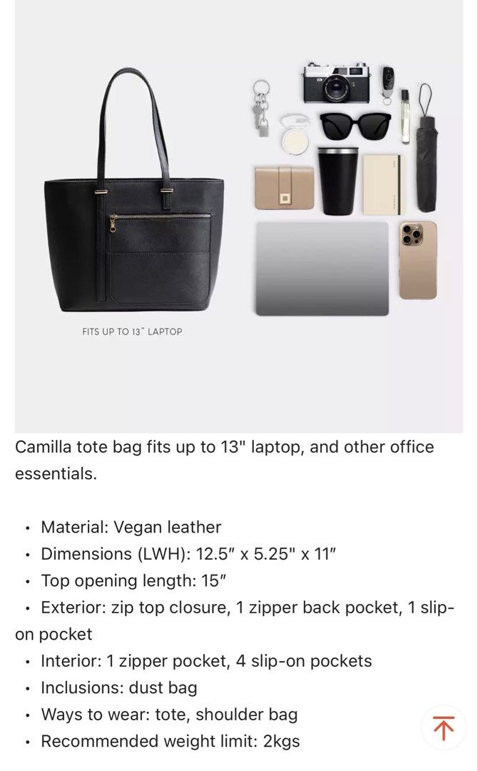 Eve & Adam Camilla Tote Bag (Category: Tote Bags) located in Pasig City. Submitted by suikalum (Listing ID 1461487327, Image 2). Description: Used twice only, fits up to 13” laptop and other office essentials. Love using this bag but I work from home so I don’t use it. This is an original Eve & Adam bag made with vegan leather, they are a high quality local brand from Marikina (you can check their ig) I originally bought this for P1,200 (with vou