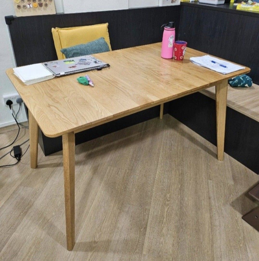 Extendable Solid Wood Dining Table (Category: Tables & Sets) located in Singapore. Submitted by winkol (Listing ID 1461431898, Image 1). Description: 130cm Lx80cm W extendable till 160cm made from Solid American White Oak Wood ORP:$1.5k In Tables & Sets some parts of the table top is a little sticky from use of sanitising chemicals to clean the table. can be fixed with some sanding and varnishing. see pictures for condition of extension mechanism