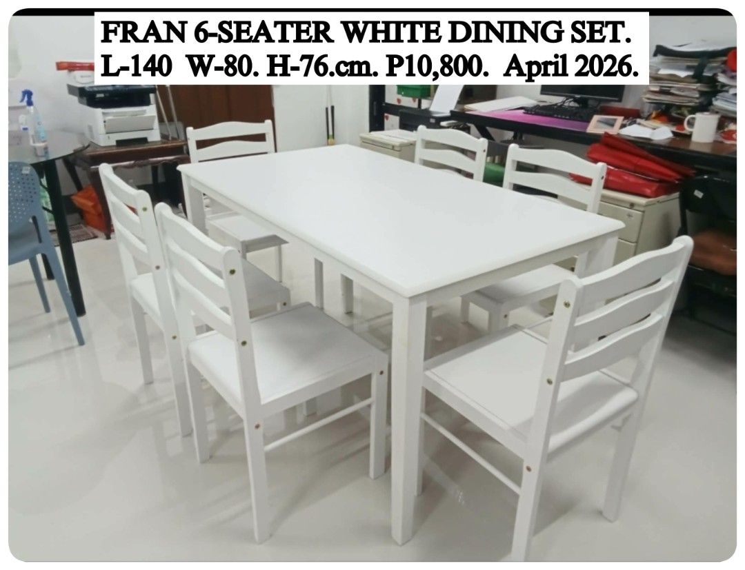 Fran Camel Back White Dining set 6seater (Category: Tables & Sets) located in Binan City. Submitted by mark.365 (Listing ID 1461329287, Image 1). Description: FRAN 6-SEATER WHITE DINING SET. P10,800. L-140 W-80. H-76.cm. P10,800..