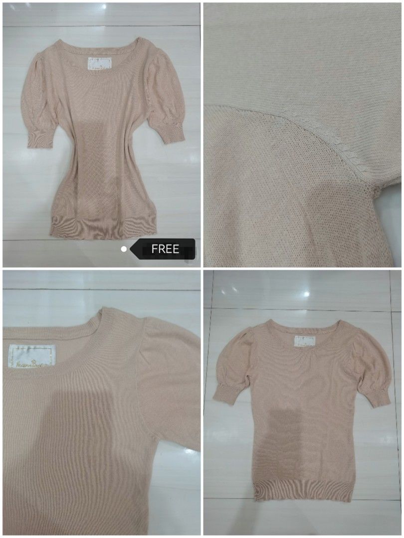 FREE if you bought 2 or more items (Category: Blouses) located in Dipolog. Submitted by true.brclo_thing (Listing ID 1461473974, Image 1). Description: - Light beige knit top - Short puff sleeves gathered at the cuff - FREE If you bought 2 or more items from my shop📌 - has pinhole.