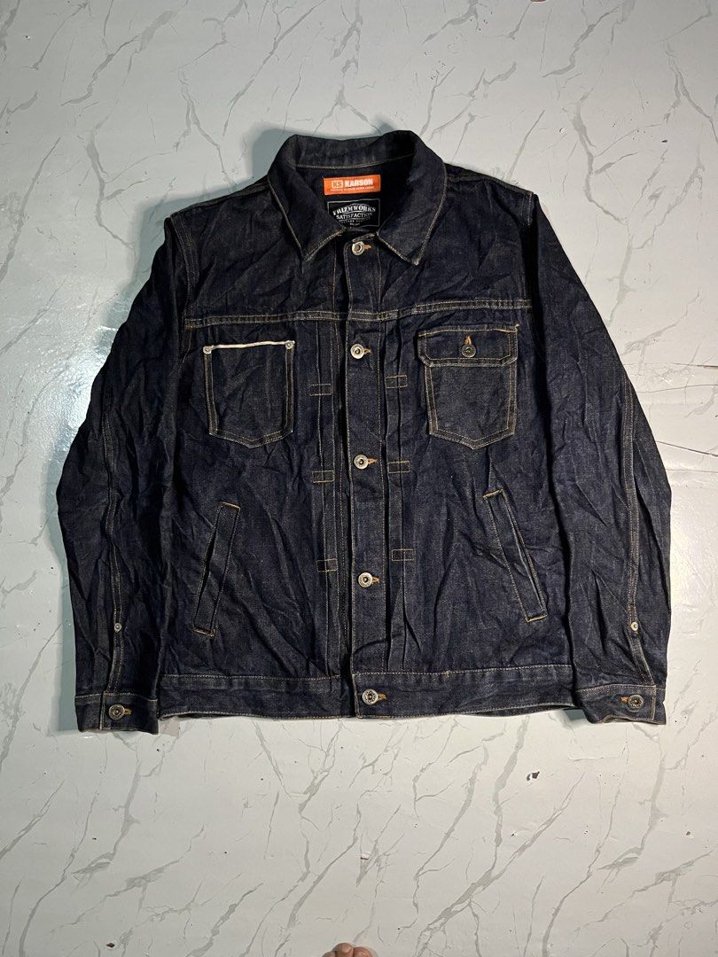 FrizmWorks x Karson premium selvedge (Category: Coats, Jackets and Outerwear) located in Zamboanga. Submitted by abubazir7 (Listing ID 1461456677, Image 1). Description: FrizmWorks x Karson premium selvedge denim jacket, a collaborative workwear piece from the Korean heritage streetwear label Actual tape measurements visible 26/19/24/ Size Medium Good construction Price : 1500 plus sf.