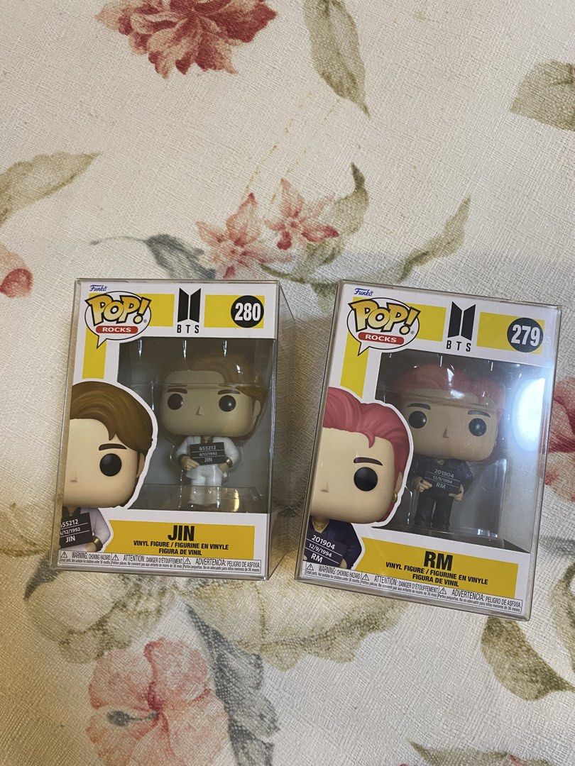 Funko Pop! Rocks BTS Jin & RM Figures (Category: Designer & Blind Box Toys) located in Muntinlupa City. Submitted by georgette95 (Listing ID 1461400495, Image 1). Description: - Both are brand new, unopened vinyl figures. - Comes in original, pristine packaging with free clear case - Selling as a SET only .