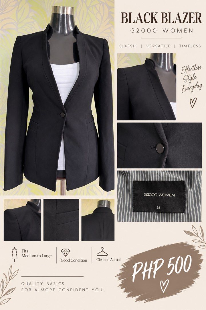 G2000 Women Black Blazer Classic Versatile Timeless (Category: Coats, Jackets and Outerwear) located in Quezon City. Submitted by animagemella0129 (Listing ID 1461371510, Image 1). Description: - Classic black blazer from G2000 Women - Effortless style for everyday wear - Fits Medium to Large (M-L) - In good, clean condition - Quality basic for a confident look.