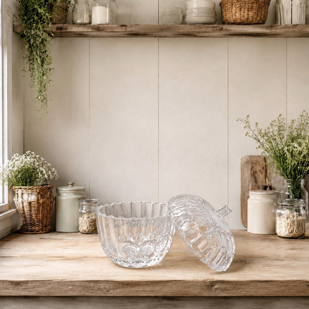 Glass Lidder Jar (Category: Other Home Decor) located in Quezon City. Submitted by handpickedecors (Listing ID 1461531367, Image 2). Description: Glass Lidder Jar 200.00 Size: 4.5”D x 5.5”H.