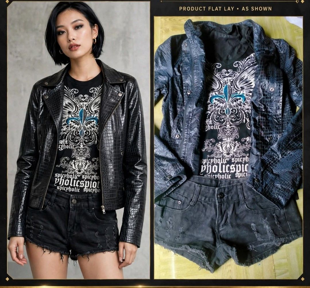 Goth/grudge set (Category: Sets or Coordinates) located in Maco. Submitted by nothingabove300shop (Listing ID 1461379169, Image 1). Description: top -Small to M Snake leather jacket-M Short-26 size.