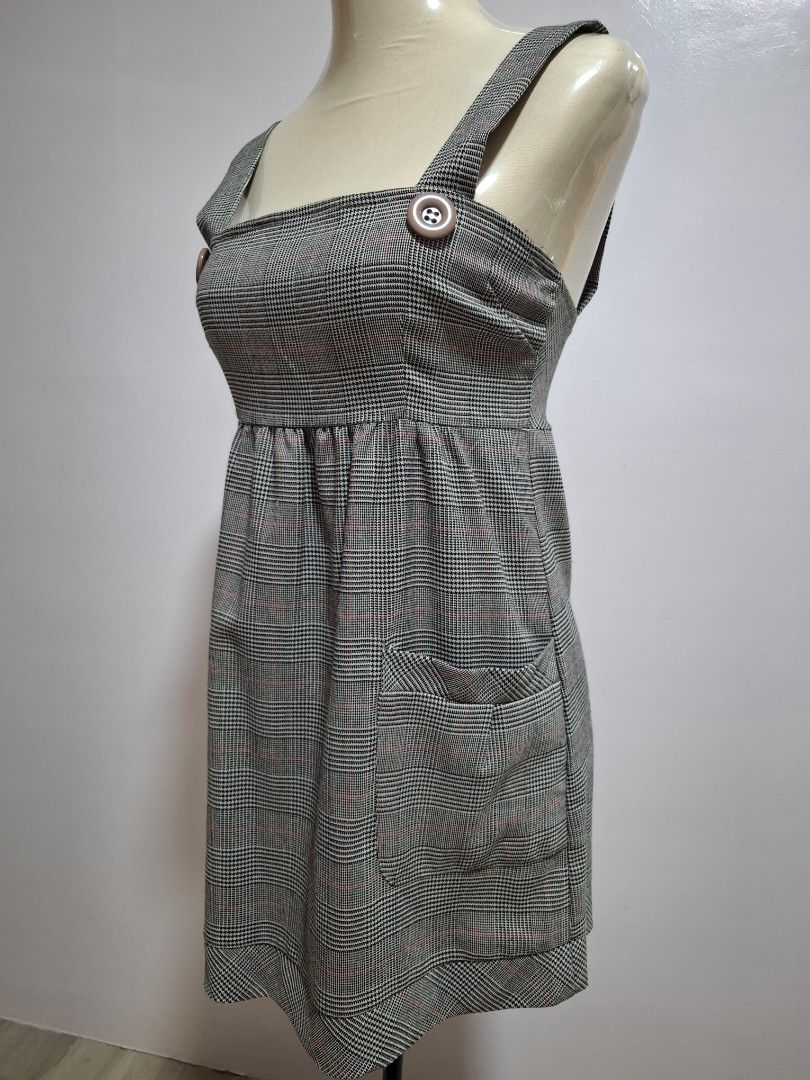 Gray Plaid Sleeveless Mini Pinafore Dress (Category: Dresses) located in Tarlac. Submitted by reimei12 (Listing ID 1461493232, Image 3). Description: Gray Plaid Sleeveless Mini Pinafore Dress Brand: CKM Made in China Size: S on tag Bust: 74cm Length: 69cm (strap included).