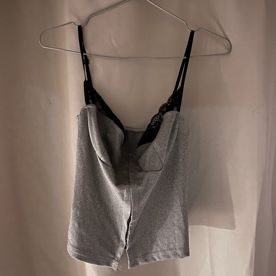 Gray with black lace top (Category: Blouses) located in Manila. Submitted by lovedbygela19 (Listing ID 1461558465, Image 1). Description: - used it once - bought it sa shein for ₱240 - no issue - rfs: need funds for my intership - stretchable fabric.