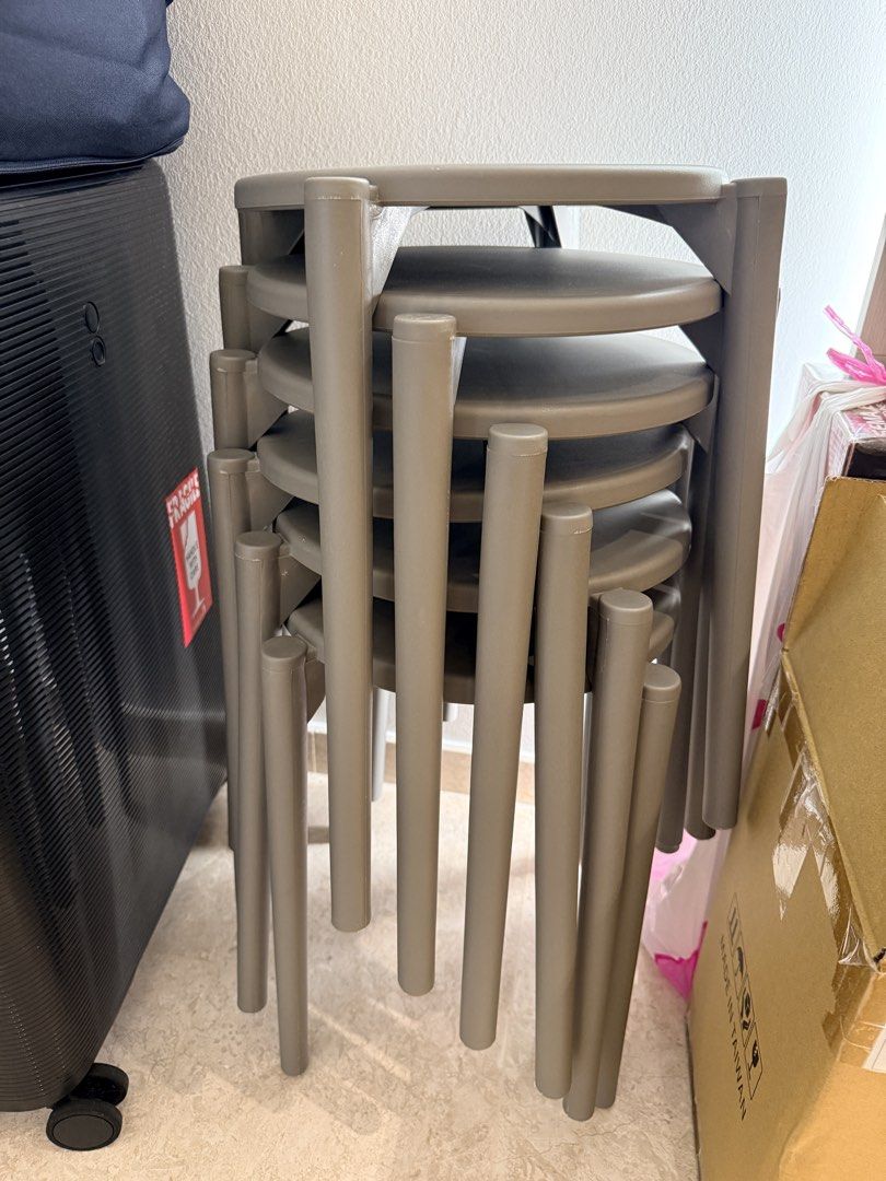 Grey Stackable Plastic Stools (Category: Chairs) located in Singapore. Submitted by chaofanxlb (Listing ID 1461481433, Image 2). Description: Selling as it can’t fit into my cabinet space for storage Quality is very good. Brand new and not used before. Only opened and wiped clean after delivery. Selling 6 pieces in total. 1 piece for $6 Take all 6 for $30 Self Collection / Lalamove only. .