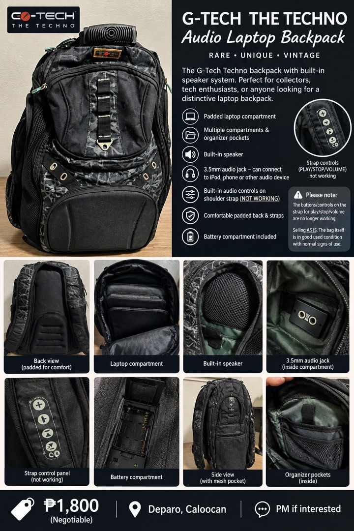 G-techno audio laptop back pack ( with speaker) (Category: Luxury Bags & Wallets) located in Caloocan City. Submitted by trebdy01 (Listing ID 1461335081, Image 1). Description: G-TECH THE TECHNO – Vintage Audio Laptop Backpack 🎒🔊 Rare & unique G-Tech Techno backpack with built-in speaker system. Perfect for collectors, tech enthusiasts, or anyone looking for a distinctive laptop backpack. ✨ Padded laptop compartment ✨ Multiple compartments & or