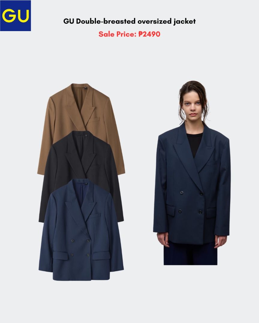 GU Double-Breasted Oversized Jacket (Category: Coats, Jackets and Outerwear) located in Quezon City. Submitted by jiya.tokio (Listing ID 1461485306, Image 1). Description: Pre-order from GU Japan 🇯🇵 GU Double-Breasted Oversized Jacket ₱ 2490 ‼️ Reminders: ✈️ETA: Oct ❣️50% DP is required to secure your item. (Non-refundable if the item has been purchased already.) 🚫No size exchanges after purchase 📍Tandang Sora, Quezon City 💰MOP: BPI / GCash 