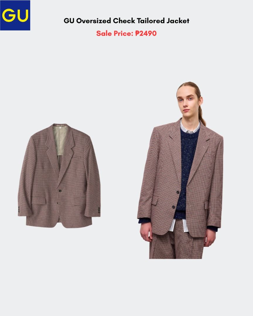 GU Oversized Check Tailored Jacket (Category: Coats, Jackets and Outerwear) located in Quezon City. Submitted by jiya.tokio (Listing ID 1461485197, Image 1). Description: Pre-order from GU Japan 🇯🇵 GU Oversized Check Tailored Jacket ₱ 2490 ‼️ Reminders: ✈️ETA: Oct ❣️50% DP is required to secure your item. (Non-refundable if the item has been purchased already.) 🚫No size exchanges after purchase 📍Tandang Sora, Quezon City 💰MOP: BPI / GCash / 