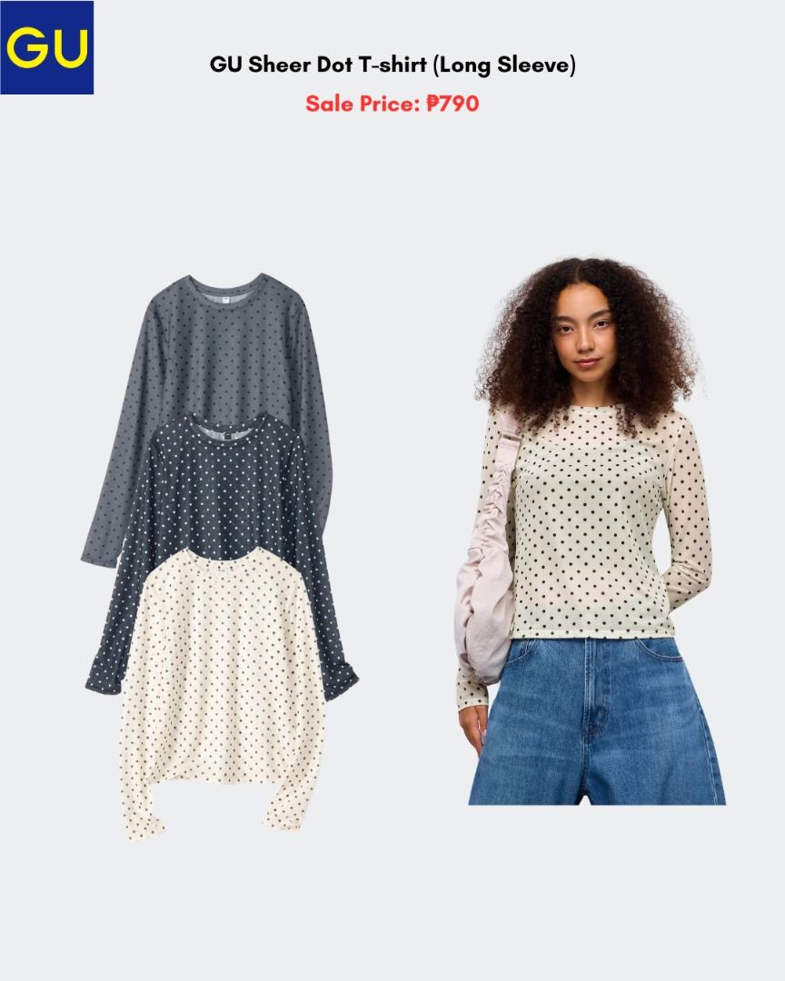 GU Sheer Dot T- shirt (Long Sleeve) (Category: Longsleeves) located in Quezon City. Submitted by jiya.tokio (Listing ID 1461484074, Image 1). Description: Pre-order from GU Japan 🇯🇵 GU Sheer Dot T- shirt (Long Sleeve) ₱ 790 ‼️ Reminders: ✈️ETA: Oct ❣️50% DP is required to secure your item. (Non-refundable if the item has been purchased already.) 🚫No size exchanges after purchase 📍Tandang Sora, Quezon City 💰MOP: BPI / GCash / Unionbank 🚚: La