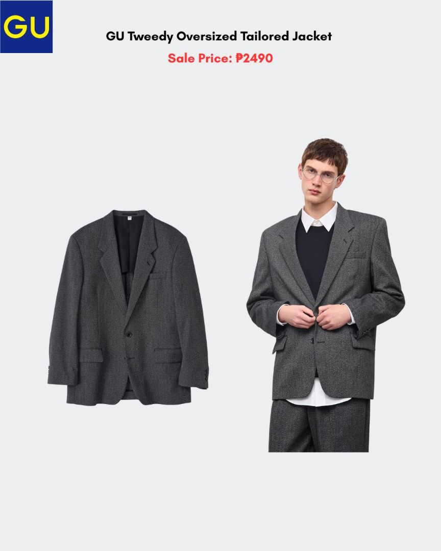 GU Tweedy Oversized Tailored Jacket (Category: Coats, Jackets and Outerwear) located in Quezon City. Submitted by jiya.tokio (Listing ID 1461484995, Image 1). Description: Pre-order from GU Japan 🇯🇵 GU Tweedy Oversized Tailored Jacket ₱ 2490 ‼️ Reminders: ✈️ETA: Oct ❣️50% DP is required to secure your item. (Non-refundable if the item has been purchased already.) 🚫No size exchanges after purchase 📍Tandang Sora, Quezon City 💰MOP: BPI / GCash 