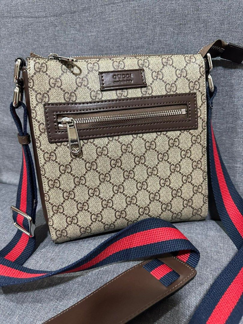 Gucci GG Monogram Canvas Crossbody Bag (Category: Luxury Bags & Wallets) located in Los Banos. Submitted by ukaynidizkie (Listing ID 1461423658, Image 1). Description: - Gucci crossbody bag - Classic GG monogram canvas - Brown leather trim - Signature red and blue stripe strap - Interior zip pocket - Interior slip pocket - Ideal for everyday use.