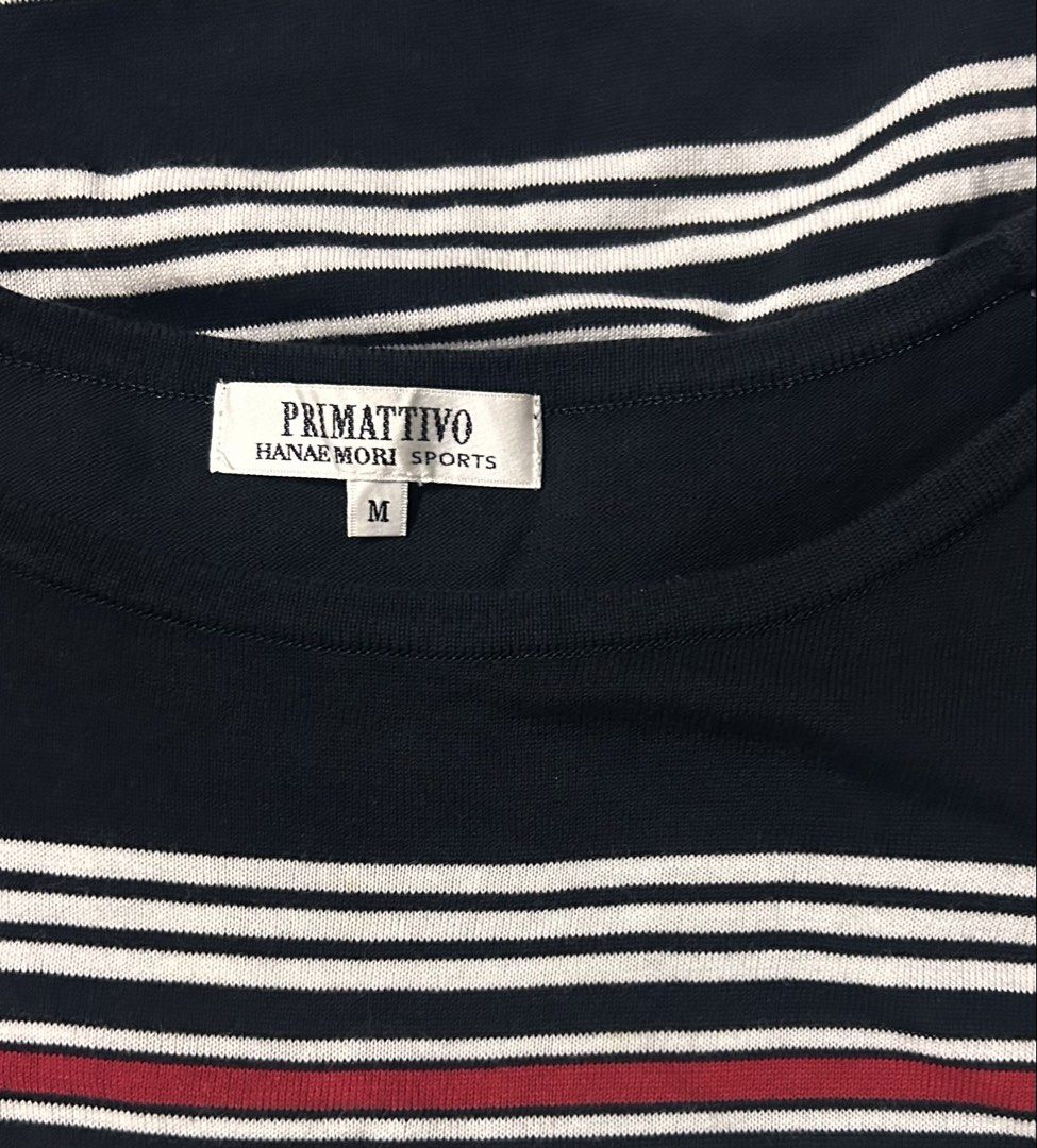 HANAE MORI (Category: Longsleeves) located in Davao. Submitted by sart0ria85 (Listing ID 1461534118, Image 2). Description: A perfect sweater in horizontal stripes of black,white and red. 100% COTTON. MADE IN JAPAN 🇯🇵 MEDIUM. Size 6 EXCELLENT CONDITION (90/100).