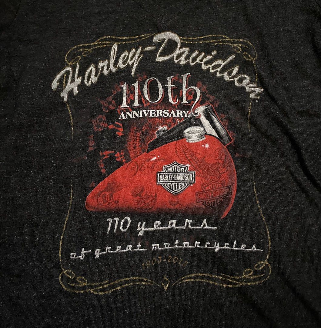 Harley-Davidson 110th Anniversary T-Shirt (Category: Shirts) located in San Carlos City. Submitted by roseee_012 (Listing ID 1461470137, Image 2). Description: - Grey Harley-Davidson T-Shirt - Features 110th Anniversary Graphic - Red Gas Tank Design - Text: '110 years of great motorcycles' - Material: Cotton Blend - Ideal for Harley-Davidson Enthusiasts.